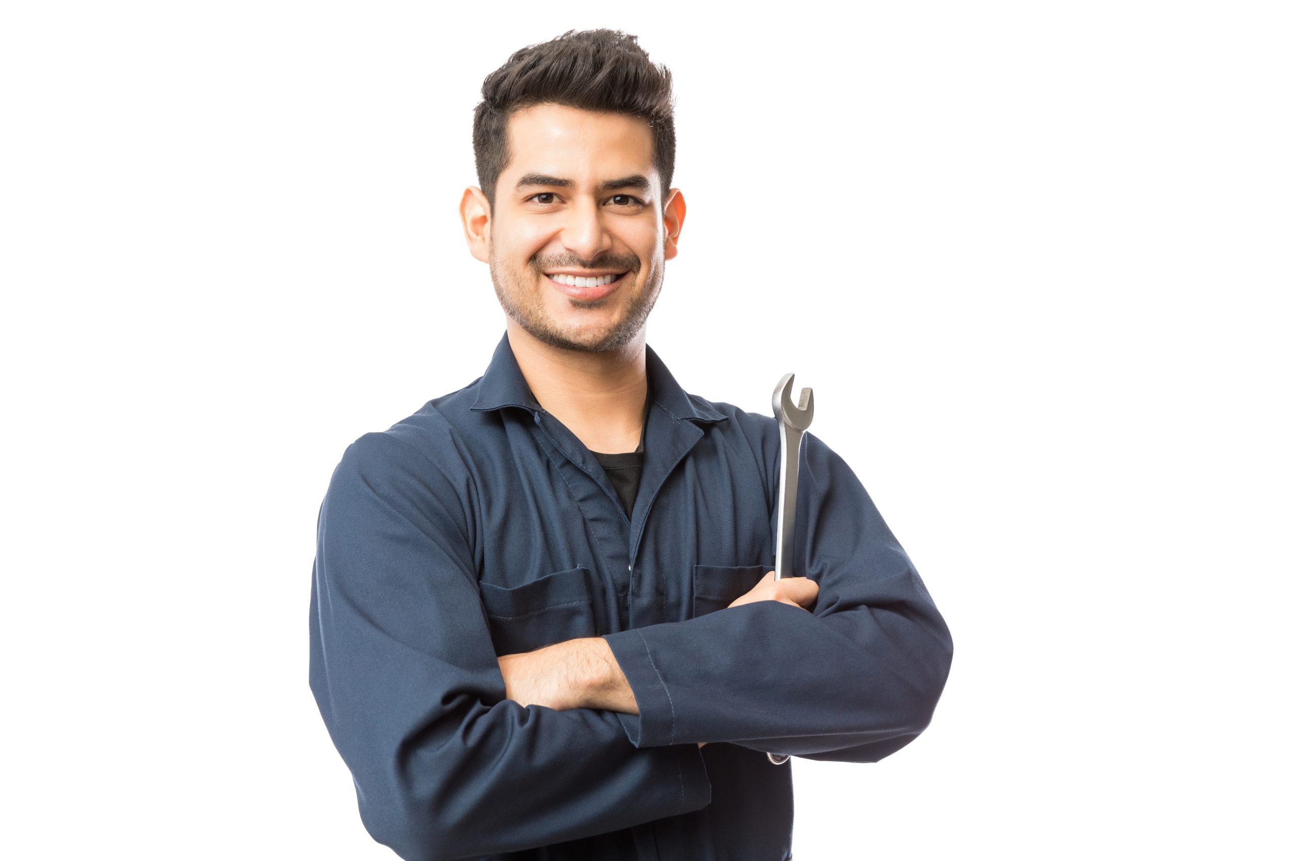 smiling auto mechanic with wrench standing hands folded white background scaled